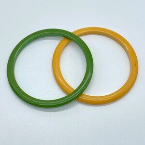 Vintage Pair of Bakelite Spacers Bangle Bracelet Yellow Green 2 1/2" Medium NOTE